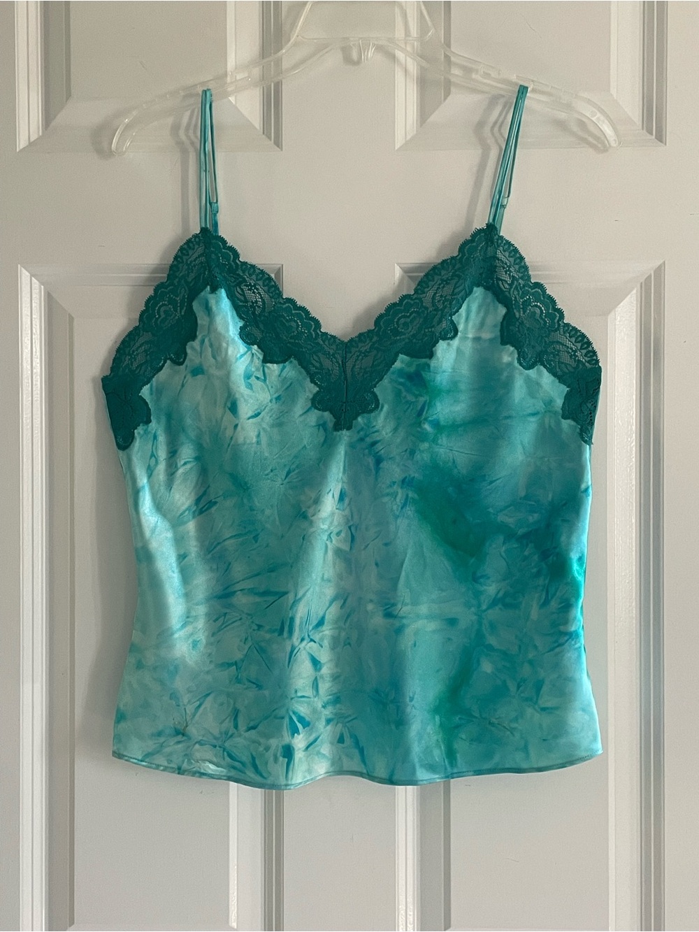 Valerie Stevens Cami Top Medium Turquoise Tie Dye Lace Trim Mermaidcore Fairy